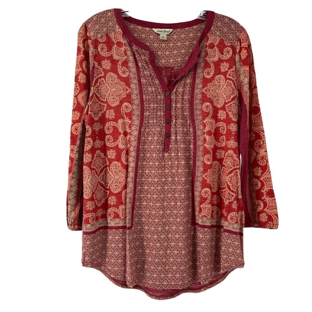 Lucky Brand Top Boho Red 3/4 Sleeve V Neck Paisley Womens Size S Casual Bohemian